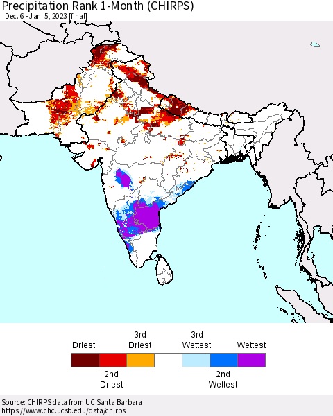 Southern Asia Precipitation Rank 1-Month (CHIRPS) Thematic Map For 12/6/2022 - 1/5/2023