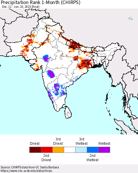 Southern Asia Precipitation Rank 1-Month (CHIRPS) Thematic Map For 12/11/2022 - 1/10/2023