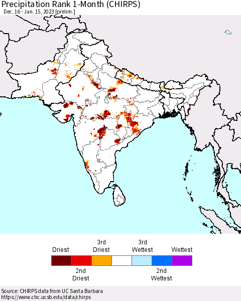 Southern Asia Precipitation Rank 1-Month (CHIRPS) Thematic Map For 12/16/2022 - 1/15/2023