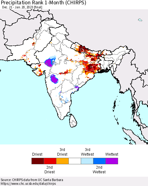 Southern Asia Precipitation Rank 1-Month (CHIRPS) Thematic Map For 12/21/2022 - 1/20/2023