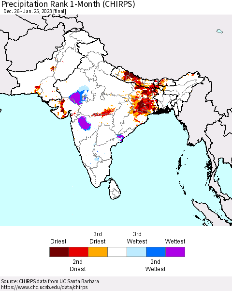 Southern Asia Precipitation Rank 1-Month (CHIRPS) Thematic Map For 12/26/2022 - 1/25/2023