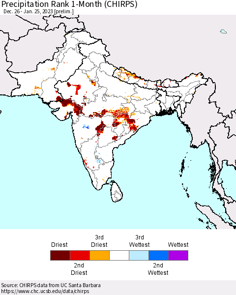 Southern Asia Precipitation Rank 1-Month (CHIRPS) Thematic Map For 12/26/2022 - 1/25/2023