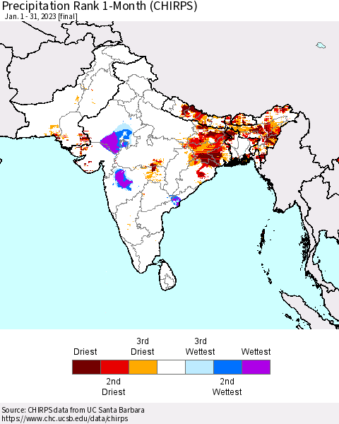 Southern Asia Precipitation Rank since 1981, 1-Month (CHIRPS) Thematic Map For 1/1/2023 - 1/31/2023