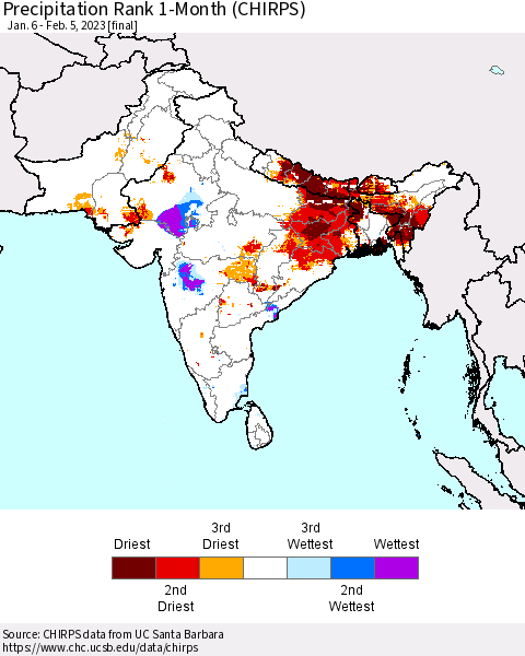 Southern Asia Precipitation Rank since 1981, 1-Month (CHIRPS) Thematic Map For 1/6/2023 - 2/5/2023