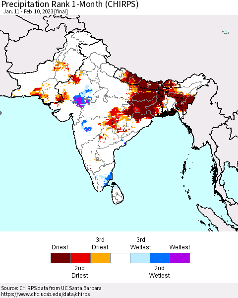 Southern Asia Precipitation Rank 1-Month (CHIRPS) Thematic Map For 1/11/2023 - 2/10/2023