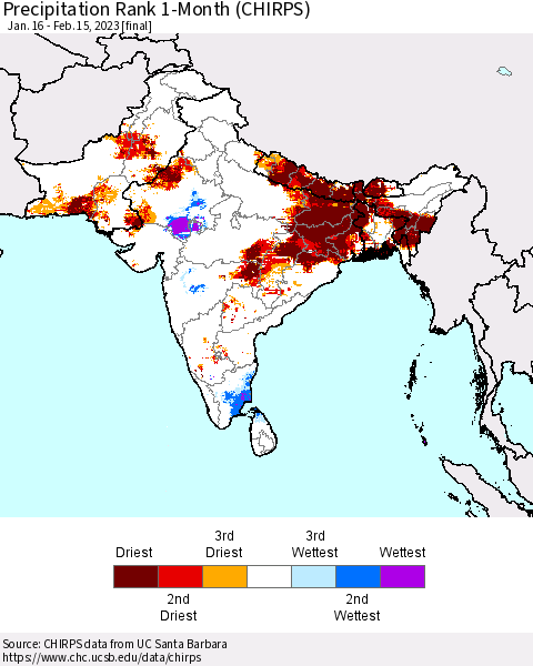 Southern Asia Precipitation Rank 1-Month (CHIRPS) Thematic Map For 1/16/2023 - 2/15/2023