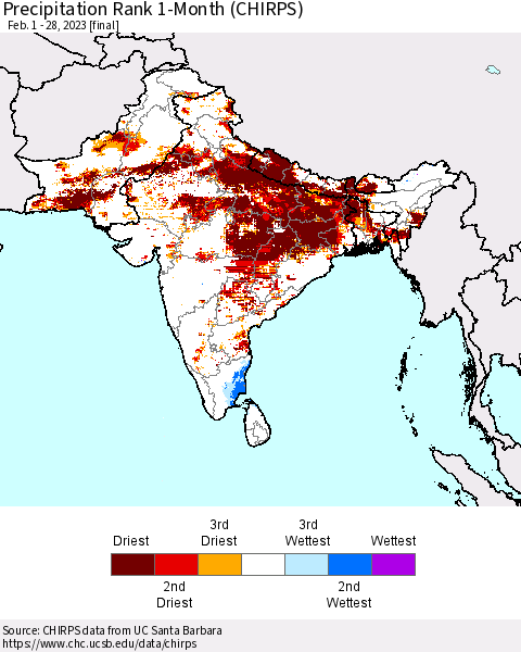 Southern Asia Precipitation Rank 1-Month (CHIRPS) Thematic Map For 2/1/2023 - 2/28/2023