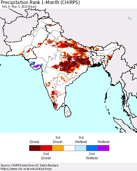 Southern Asia Precipitation Rank since 1981, 1-Month (CHIRPS) Thematic Map For 2/6/2023 - 3/5/2023