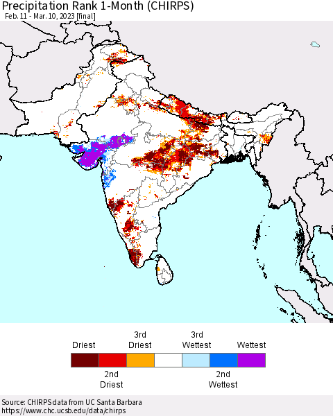 Southern Asia Precipitation Rank since 1981, 1-Month (CHIRPS) Thematic Map For 2/11/2023 - 3/10/2023