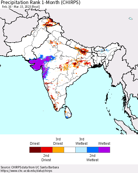 Southern Asia Precipitation Rank since 1981, 1-Month (CHIRPS) Thematic Map For 2/16/2023 - 3/15/2023
