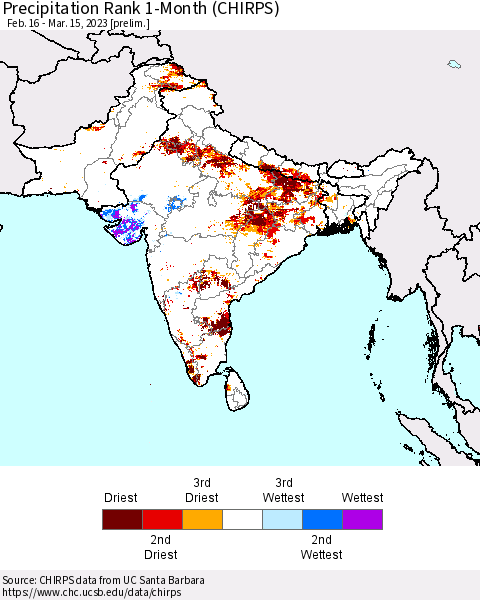 Southern Asia Precipitation Rank 1-Month (CHIRPS) Thematic Map For 2/16/2023 - 3/15/2023