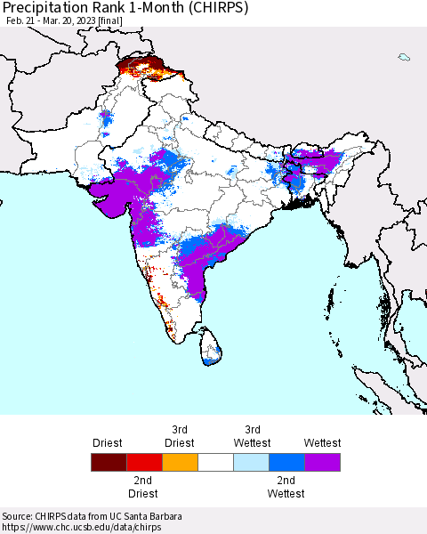 Southern Asia Precipitation Rank since 1981, 1-Month (CHIRPS) Thematic Map For 2/21/2023 - 3/20/2023