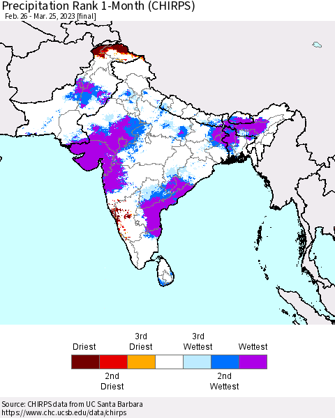 Southern Asia Precipitation Rank since 1981, 1-Month (CHIRPS) Thematic Map For 2/26/2023 - 3/25/2023