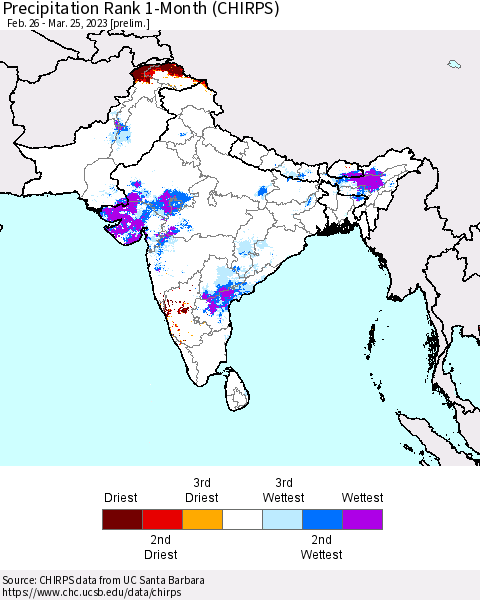 Southern Asia Precipitation Rank 1-Month (CHIRPS) Thematic Map For 2/26/2023 - 3/25/2023