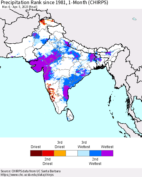 Southern Asia Precipitation Rank since 1981, 1-Month (CHIRPS) Thematic Map For 3/6/2023 - 4/5/2023