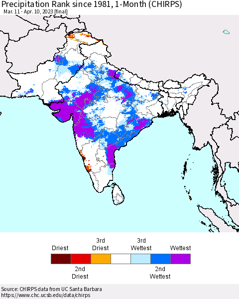 Southern Asia Precipitation Rank since 1981, 1-Month (CHIRPS) Thematic Map For 3/11/2023 - 4/10/2023