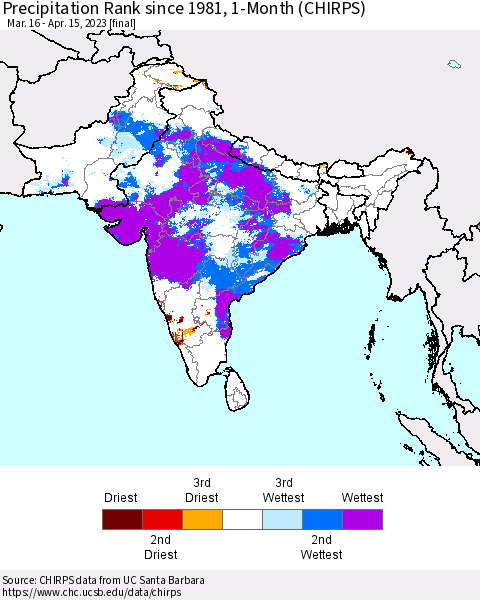 Southern Asia Precipitation Rank since 1981, 1-Month (CHIRPS) Thematic Map For 3/16/2023 - 4/15/2023
