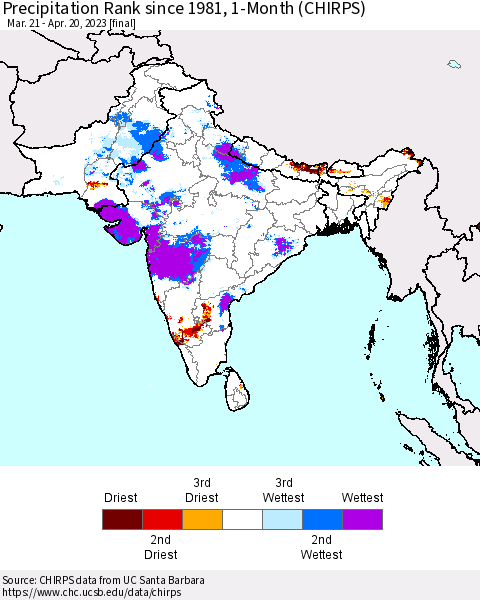 Southern Asia Precipitation Rank since 1981, 1-Month (CHIRPS) Thematic Map For 3/21/2023 - 4/20/2023