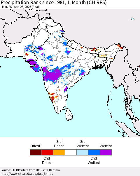 Southern Asia Precipitation Rank since 1981, 1-Month (CHIRPS) Thematic Map For 3/26/2023 - 4/25/2023