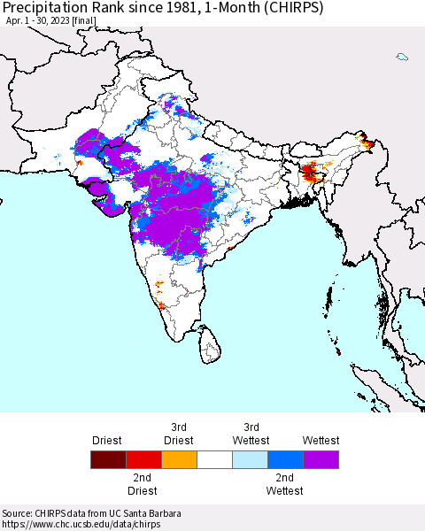 Southern Asia Precipitation Rank since 1981, 1-Month (CHIRPS) Thematic Map For 4/1/2023 - 4/30/2023