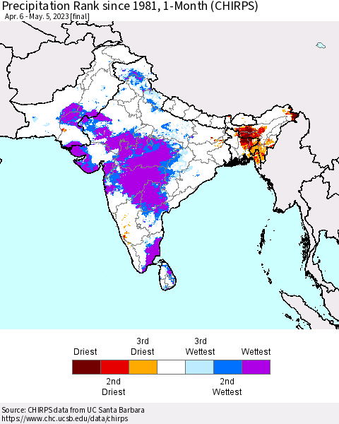 Southern Asia Precipitation Rank since 1981, 1-Month (CHIRPS) Thematic Map For 4/6/2023 - 5/5/2023