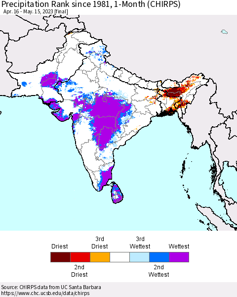 Southern Asia Precipitation Rank since 1981, 1-Month (CHIRPS) Thematic Map For 4/16/2023 - 5/15/2023