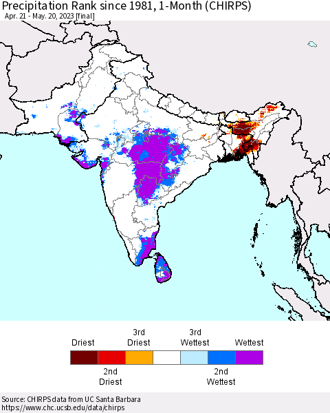 Southern Asia Precipitation Rank since 1981, 1-Month (CHIRPS) Thematic Map For 4/21/2023 - 5/20/2023