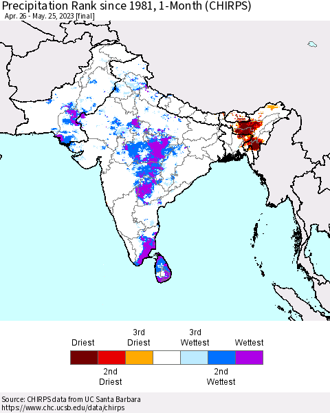 Southern Asia Precipitation Rank since 1981, 1-Month (CHIRPS) Thematic Map For 4/26/2023 - 5/25/2023