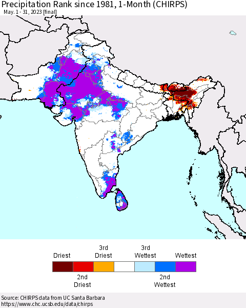 Southern Asia Precipitation Rank since 1981, 1-Month (CHIRPS) Thematic Map For 5/1/2023 - 5/31/2023