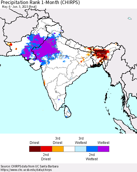 Southern Asia Precipitation Rank since 1981, 1-Month (CHIRPS) Thematic Map For 5/6/2023 - 6/5/2023