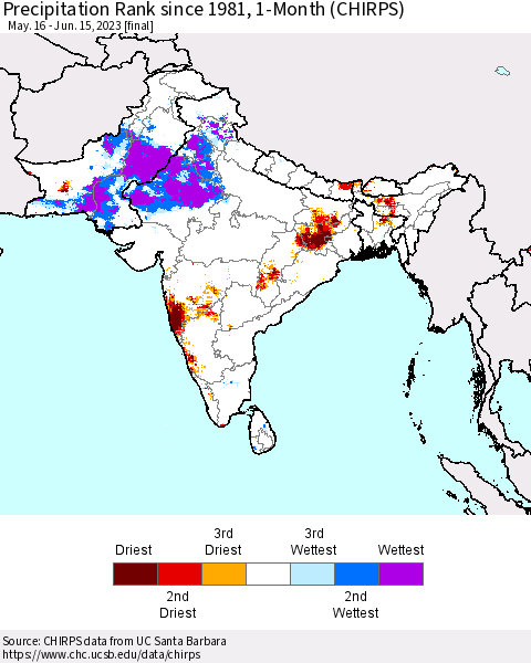 Southern Asia Precipitation Rank since 1981, 1-Month (CHIRPS) Thematic Map For 5/16/2023 - 6/15/2023