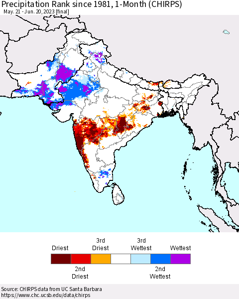 Southern Asia Precipitation Rank since 1981, 1-Month (CHIRPS) Thematic Map For 5/21/2023 - 6/20/2023