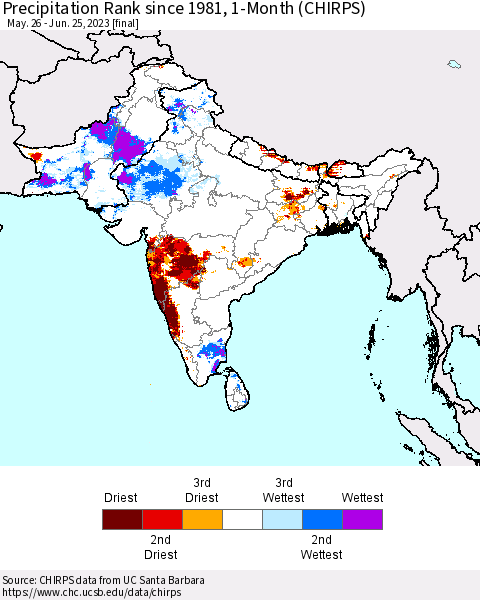 Southern Asia Precipitation Rank since 1981, 1-Month (CHIRPS) Thematic Map For 5/26/2023 - 6/25/2023