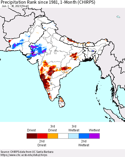 Southern Asia Precipitation Rank since 1981, 1-Month (CHIRPS) Thematic Map For 6/1/2023 - 6/30/2023
