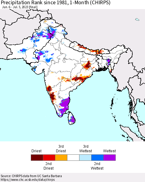 Southern Asia Precipitation Rank since 1981, 1-Month (CHIRPS) Thematic Map For 6/6/2023 - 7/5/2023