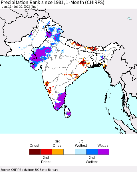 Southern Asia Precipitation Rank since 1981, 1-Month (CHIRPS) Thematic Map For 6/11/2023 - 7/10/2023