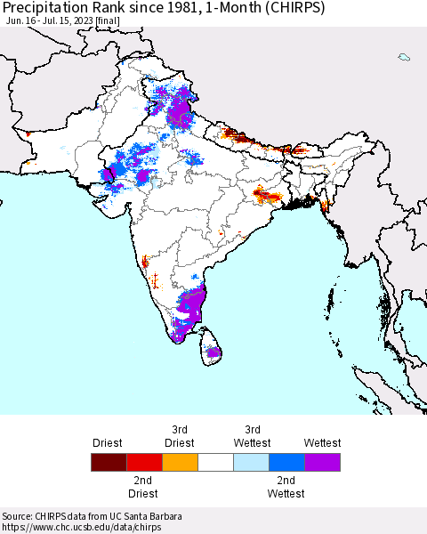 Southern Asia Precipitation Rank since 1981, 1-Month (CHIRPS) Thematic Map For 6/16/2023 - 7/15/2023
