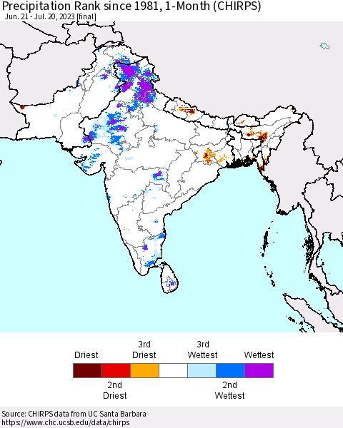 Southern Asia Precipitation Rank since 1981, 1-Month (CHIRPS) Thematic Map For 6/21/2023 - 7/20/2023