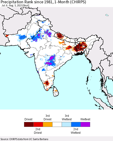 Southern Asia Precipitation Rank since 1981, 1-Month (CHIRPS) Thematic Map For 7/6/2023 - 8/5/2023