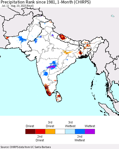 Southern Asia Precipitation Rank since 1981, 1-Month (CHIRPS) Thematic Map For 7/11/2023 - 8/10/2023