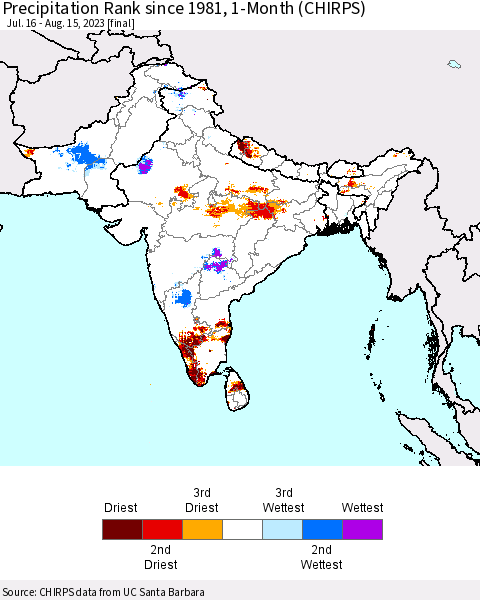 Southern Asia Precipitation Rank since 1981, 1-Month (CHIRPS) Thematic Map For 7/16/2023 - 8/15/2023