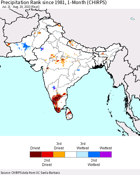 Southern Asia Precipitation Rank since 1981, 1-Month (CHIRPS) Thematic Map For 7/21/2023 - 8/20/2023