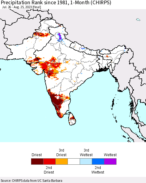 Southern Asia Precipitation Rank since 1981, 1-Month (CHIRPS) Thematic Map For 7/26/2023 - 8/25/2023