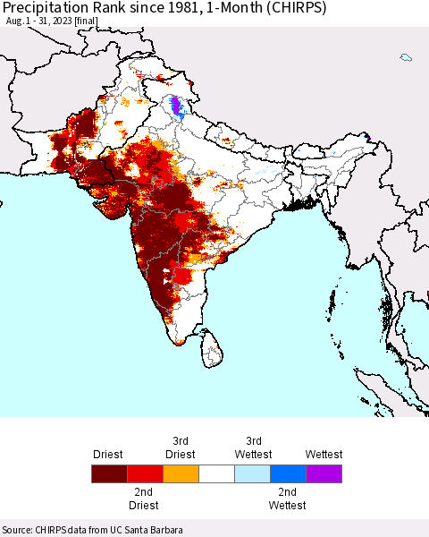 Southern Asia Precipitation Rank since 1981, 1-Month (CHIRPS) Thematic Map For 8/1/2023 - 8/31/2023