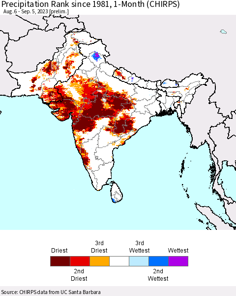Southern Asia Precipitation Rank since 1981, 1-Month (CHIRPS) Thematic Map For 8/6/2023 - 9/5/2023