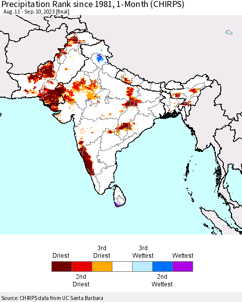 Southern Asia Precipitation Rank since 1981, 1-Month (CHIRPS) Thematic Map For 8/11/2023 - 9/10/2023