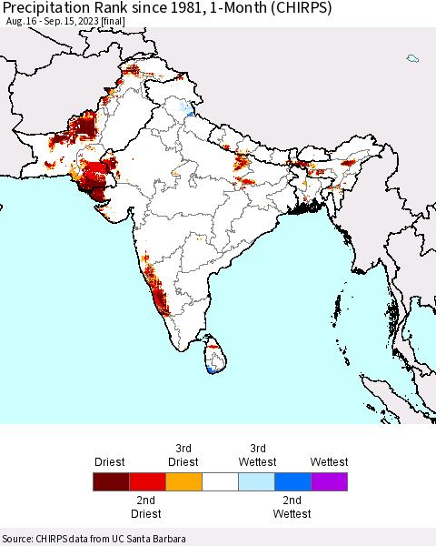 Southern Asia Precipitation Rank since 1981, 1-Month (CHIRPS) Thematic Map For 8/16/2023 - 9/15/2023