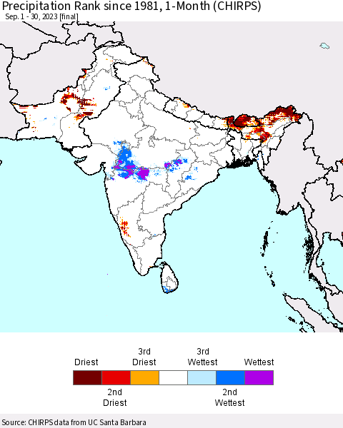 Southern Asia Precipitation Rank since 1981, 1-Month (CHIRPS) Thematic Map For 9/1/2023 - 9/30/2023
