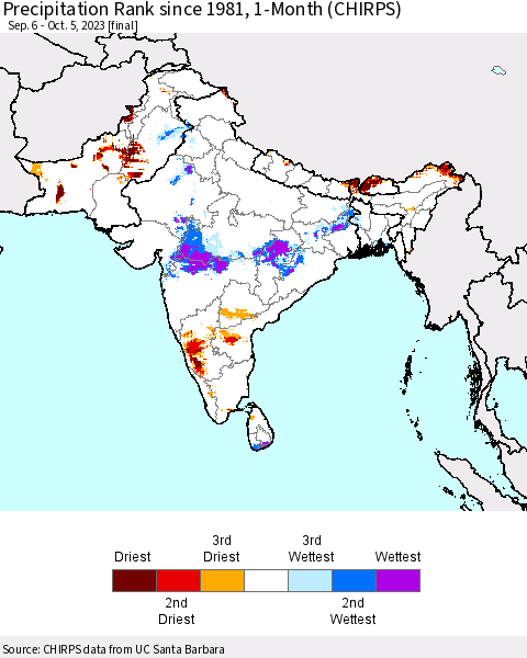 Southern Asia Precipitation Rank since 1981, 1-Month (CHIRPS) Thematic Map For 9/6/2023 - 10/5/2023