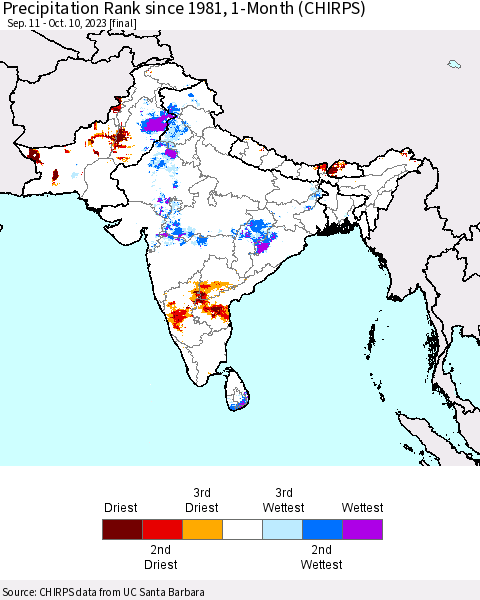 Southern Asia Precipitation Rank since 1981, 1-Month (CHIRPS) Thematic Map For 9/11/2023 - 10/10/2023
